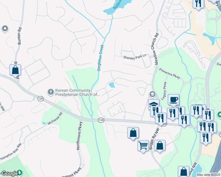 map of restaurants, bars, coffee shops, grocery stores, and more near 2573 Larson Creek Way Northwest in Duluth