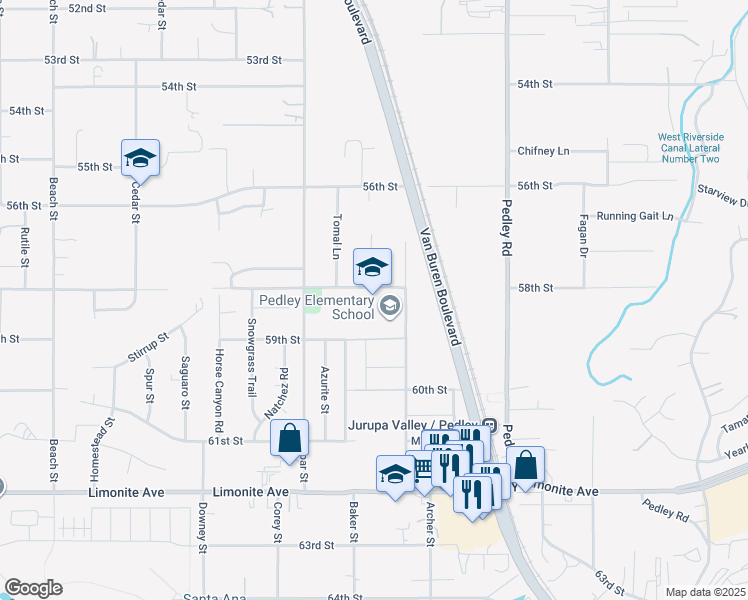 map of restaurants, bars, coffee shops, grocery stores, and more near 5871 Hudson Street in Riverside