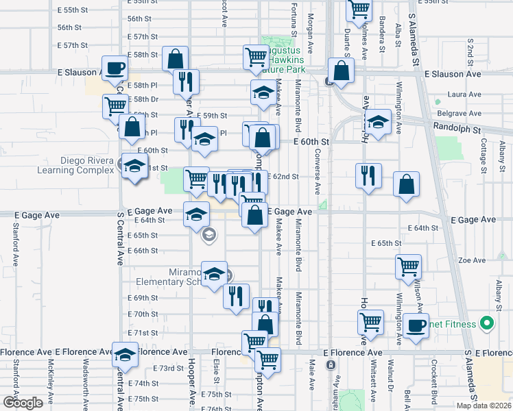 map of restaurants, bars, coffee shops, grocery stores, and more near 1439 East Gage Avenue in Los Angeles