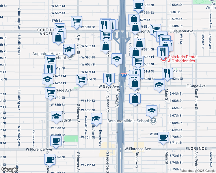 map of restaurants, bars, coffee shops, grocery stores, and more near Figueroa Street & West Gage Avenue in Los Angeles