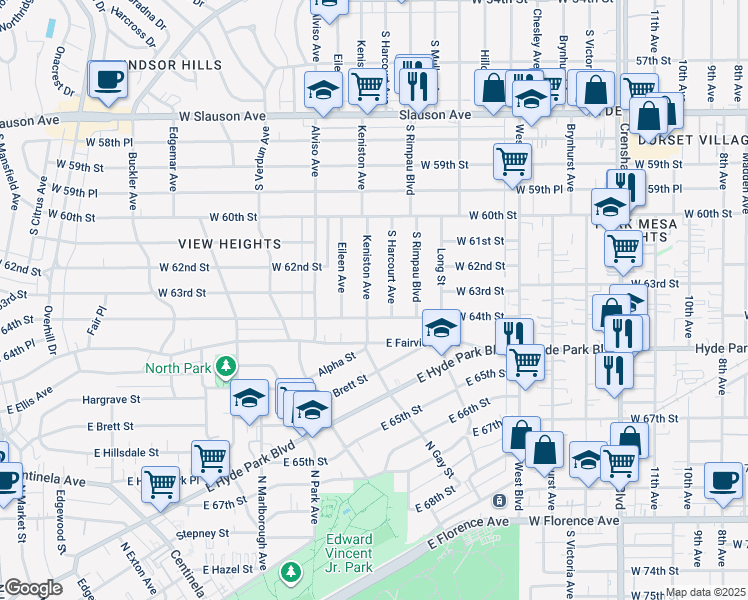 map of restaurants, bars, coffee shops, grocery stores, and more near 6311 South Harcourt Avenue in Los Angeles