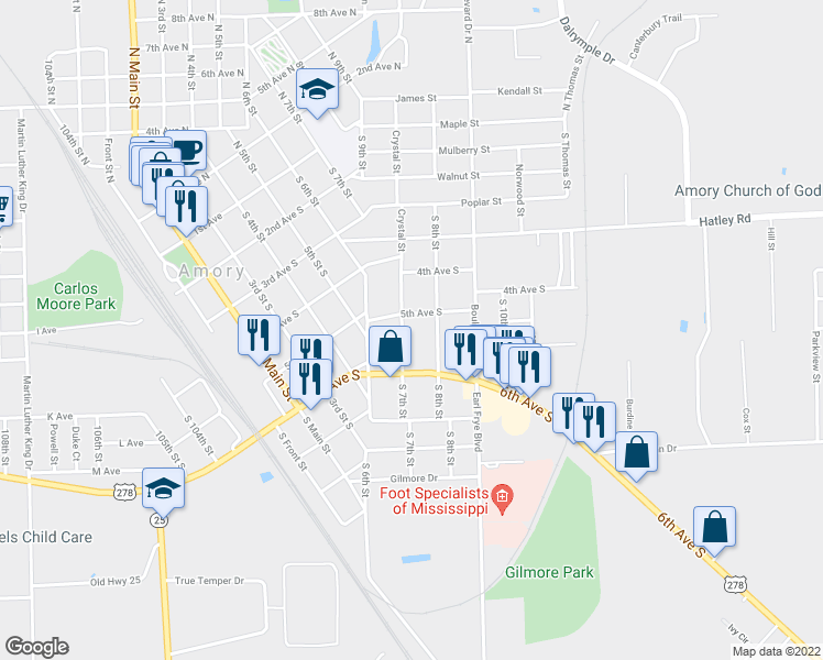 map of restaurants, bars, coffee shops, grocery stores, and more near 505 South 7th Street in Amory
