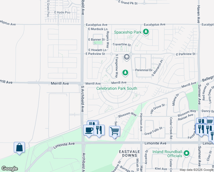 map of restaurants, bars, coffee shops, grocery stores, and more near 5002 South Heritage Paseo in Ontario