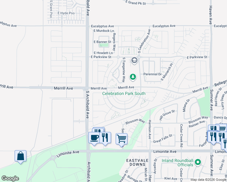 map of restaurants, bars, coffee shops, grocery stores, and more near 5001 South Centennial Circle in Ontario