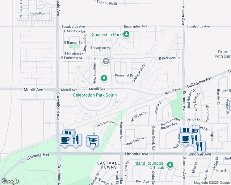 map of restaurants, bars, coffee shops, grocery stores, and more near 3125 East Chip Smith Way in Ontario