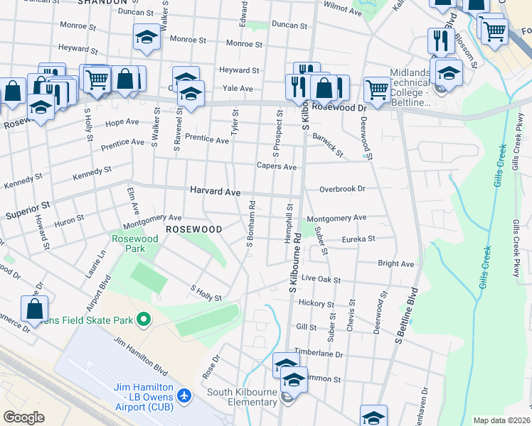 map of restaurants, bars, coffee shops, grocery stores, and more near 607 South Prospect Street in Columbia