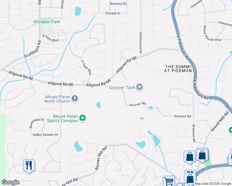 map of restaurants, bars, coffee shops, grocery stores, and more near 1870 Groover Road in Marietta