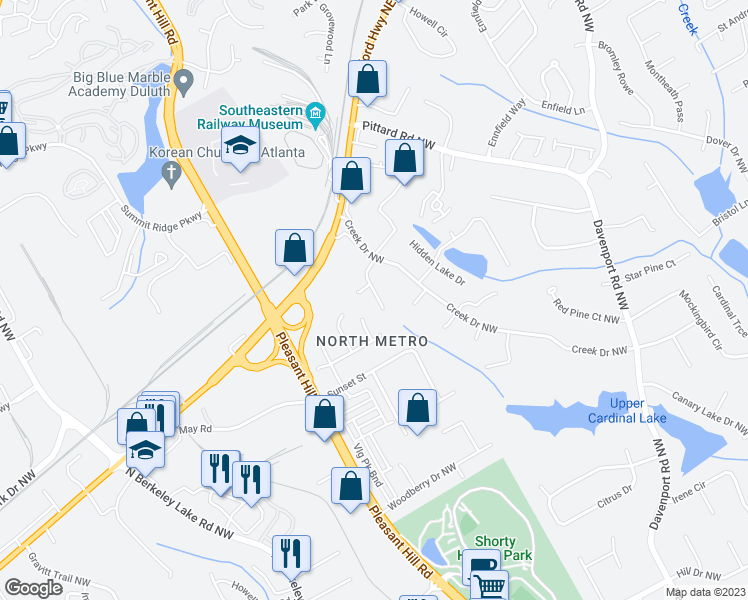 map of restaurants, bars, coffee shops, grocery stores, and more near 3040 Scepter Drive in Duluth