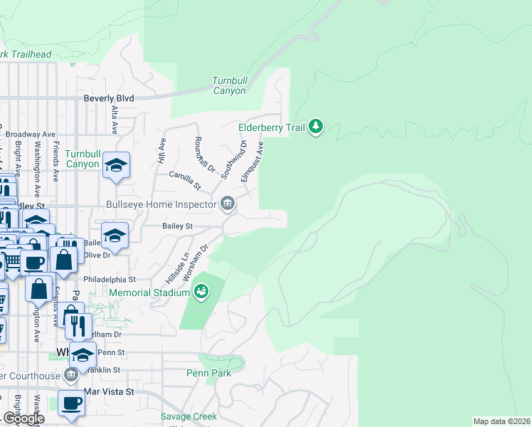 map of restaurants, bars, coffee shops, grocery stores, and more near 13875 Philadelphia Street in Whittier