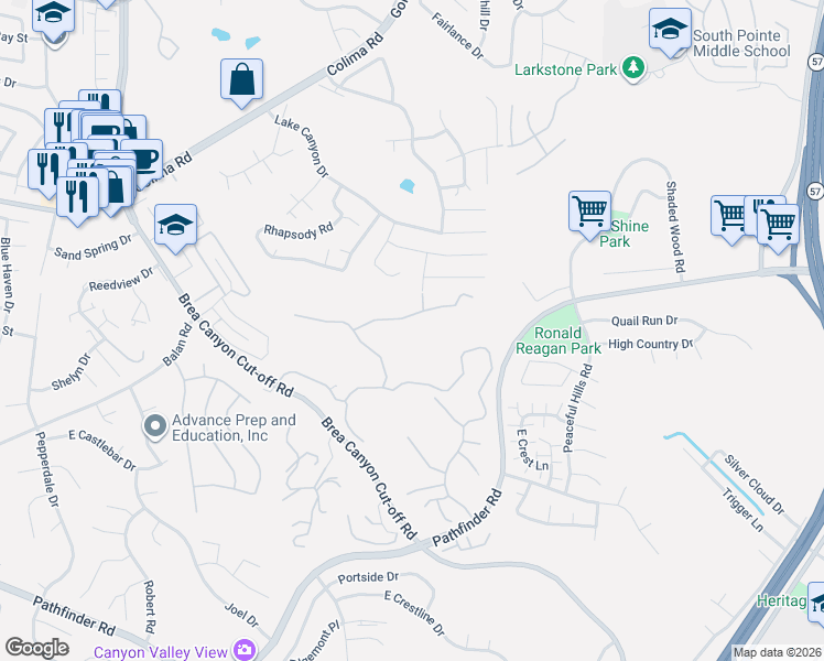map of restaurants, bars, coffee shops, grocery stores, and more near 20478 Sartell Drive in Walnut