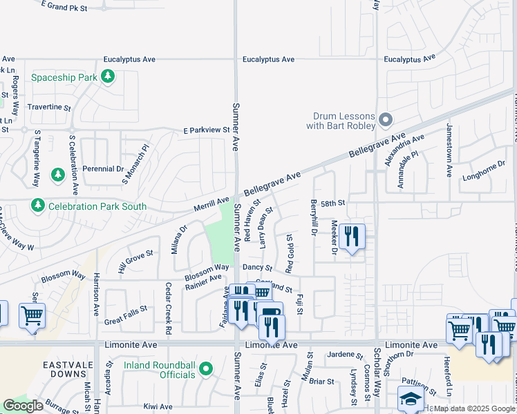 map of restaurants, bars, coffee shops, grocery stores, and more near 5840 Redhaven Street in Corona