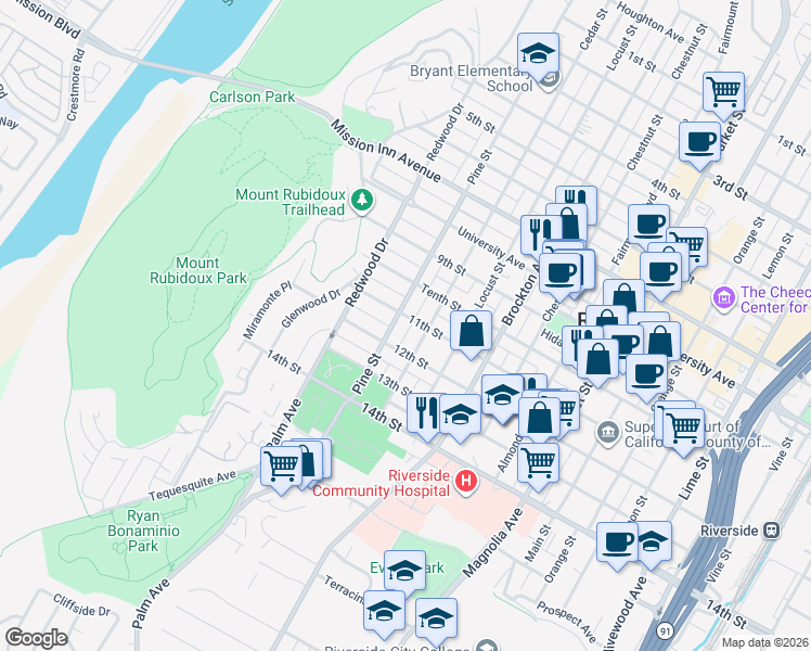 map of restaurants, bars, coffee shops, grocery stores, and more near 4372 11th Street in Riverside