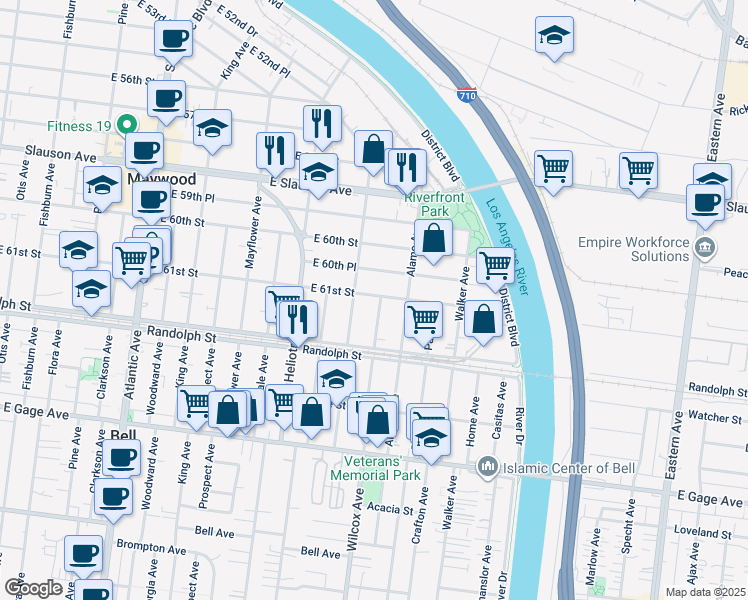 map of restaurants, bars, coffee shops, grocery stores, and more near 6101 Wilcox Avenue in Maywood