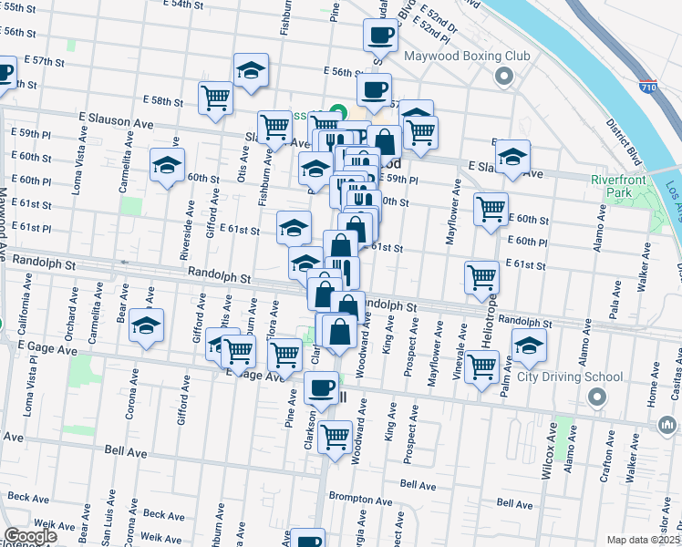 map of restaurants, bars, coffee shops, grocery stores, and more near 6135 Atlantic Boulevard in Maywood