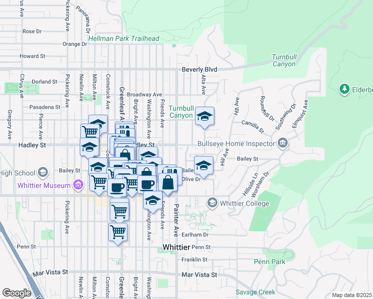 map of restaurants, bars, coffee shops, grocery stores, and more near 6517 Haviland Avenue in Whittier
