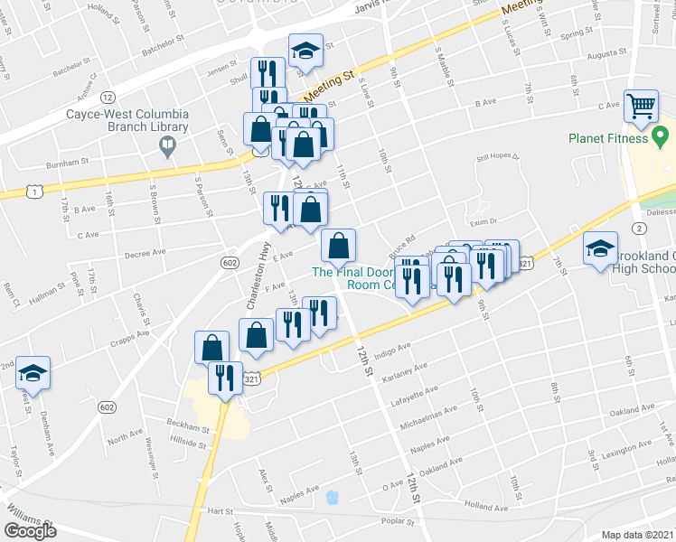 map of restaurants, bars, coffee shops, grocery stores, and more near 901 12th Street in Cayce