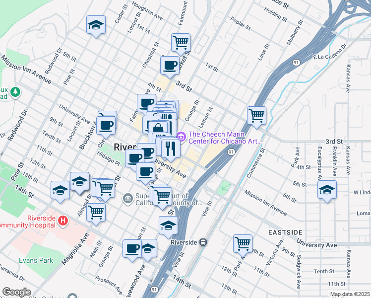map of restaurants, bars, coffee shops, grocery stores, and more near 456 Mission Inn Avenue in Riverside