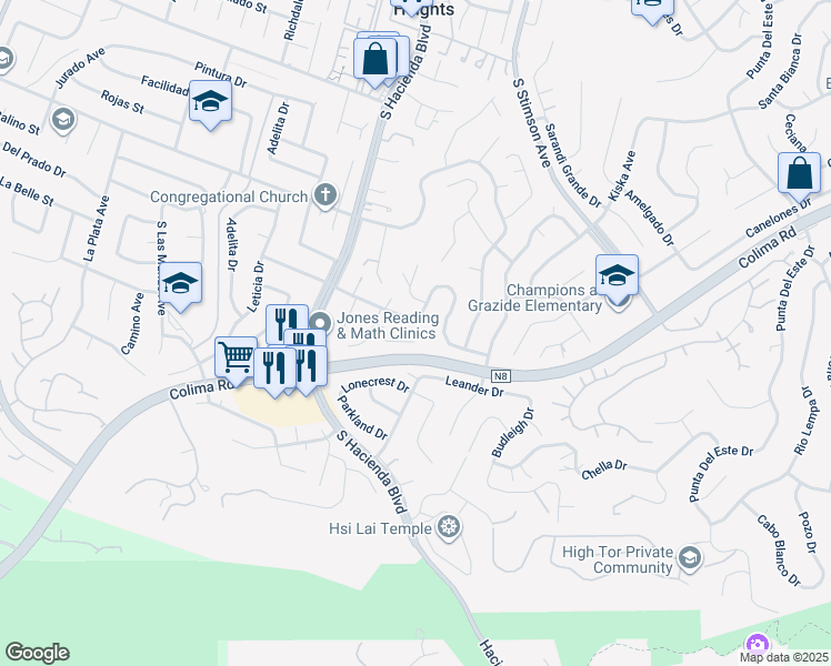 map of restaurants, bars, coffee shops, grocery stores, and more near 15949 Maracaibo Place in Hacienda Heights