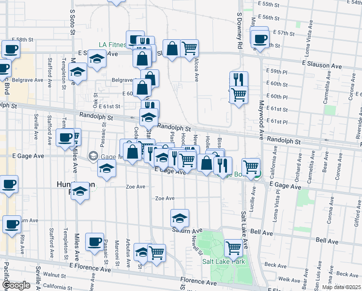 map of restaurants, bars, coffee shops, grocery stores, and more near 6248 Plaska Avenue in Huntington Park