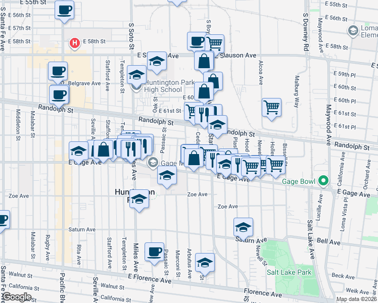 map of restaurants, bars, coffee shops, grocery stores, and more near 6327 Arbutus Avenue in Huntington Park