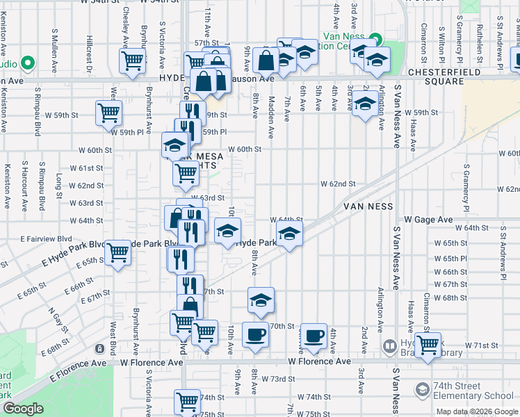 map of restaurants, bars, coffee shops, grocery stores, and more near 6315 Madden Avenue in Los Angeles