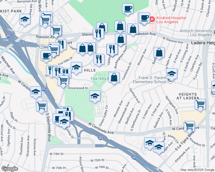map of restaurants, bars, coffee shops, grocery stores, and more near 6225 Canterbury Drive in Culver City