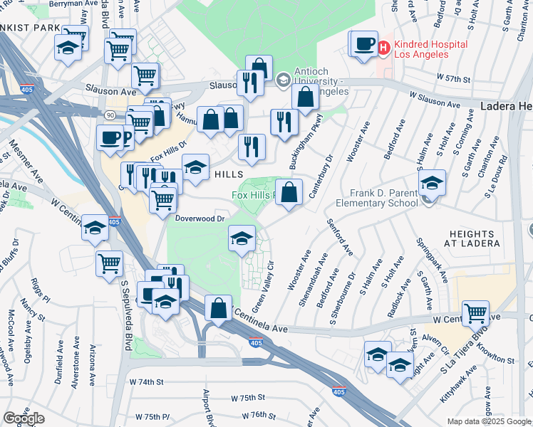 map of restaurants, bars, coffee shops, grocery stores, and more near 562 Buckingham Parkway in Culver City