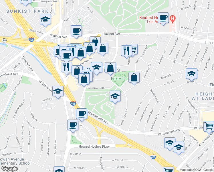 map of restaurants, bars, coffee shops, grocery stores, and more near 5845 Doverwood Drive in Culver City