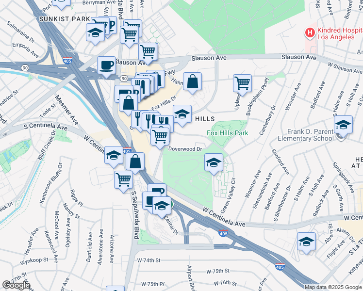 map of restaurants, bars, coffee shops, grocery stores, and more near 5883 1/2 Doverwood Drive in Culver City