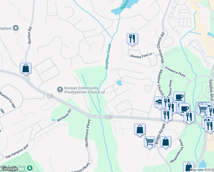 map of restaurants, bars, coffee shops, grocery stores, and more near 2539 Larson Creek Cove Northwest in Duluth