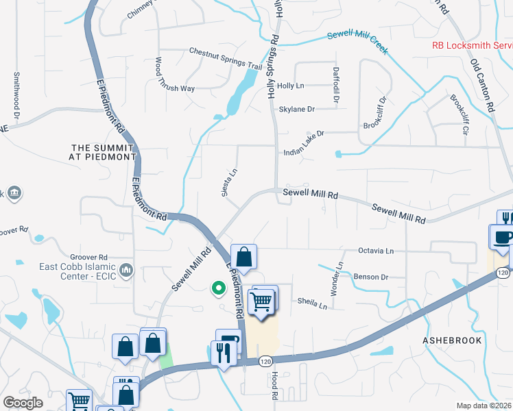 map of restaurants, bars, coffee shops, grocery stores, and more near 2518 Sewell Mill Road in Marietta