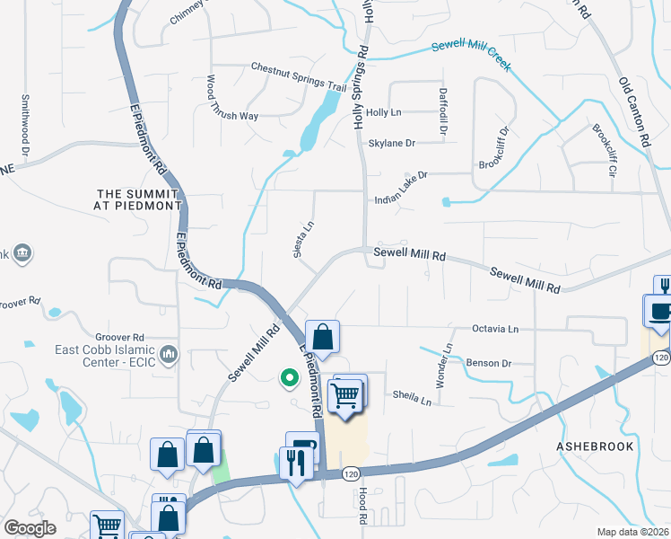 map of restaurants, bars, coffee shops, grocery stores, and more near 2518 Sewell Mill Road in Marietta