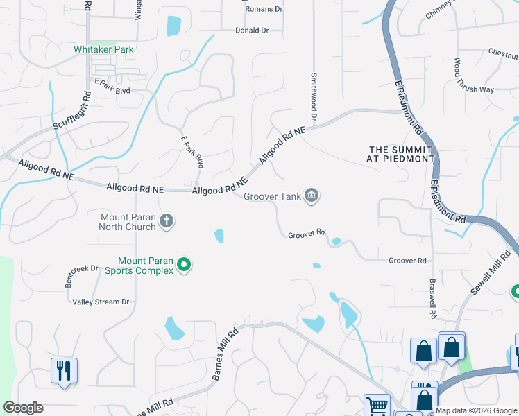 map of restaurants, bars, coffee shops, grocery stores, and more near 1870 Groover Road in Marietta