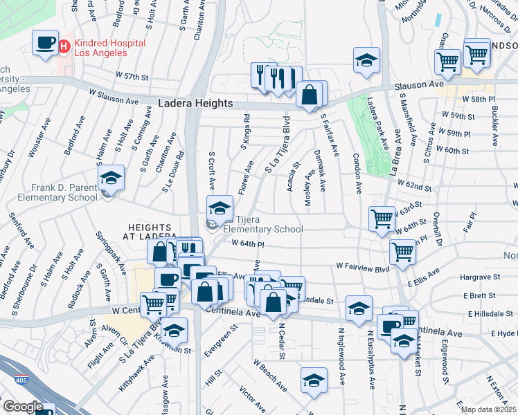 map of restaurants, bars, coffee shops, grocery stores, and more near 6266 La Tijera Boulevard in Los Angeles