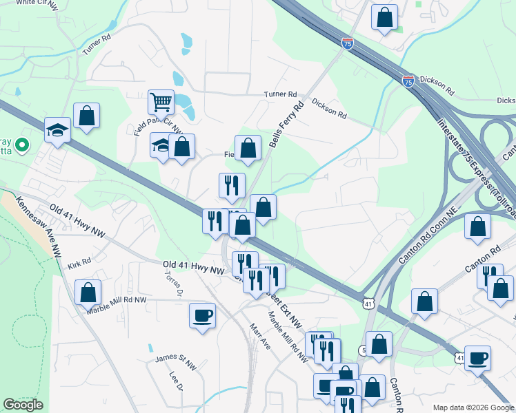 map of restaurants, bars, coffee shops, grocery stores, and more near 1290 Bells Ferry Road in Marietta