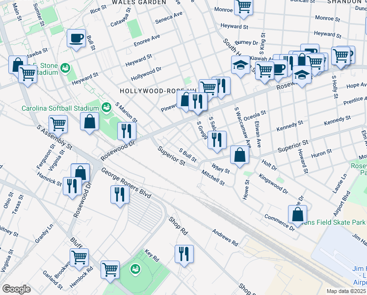 map of restaurants, bars, coffee shops, grocery stores, and more near 520 South Bull Street in Columbia