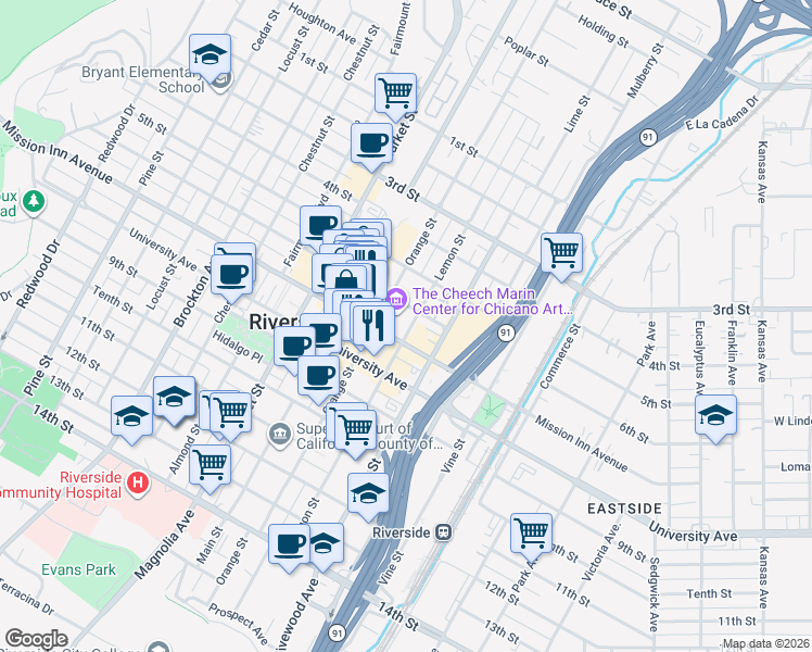 map of restaurants, bars, coffee shops, grocery stores, and more near 3657 Lemon Street in Riverside