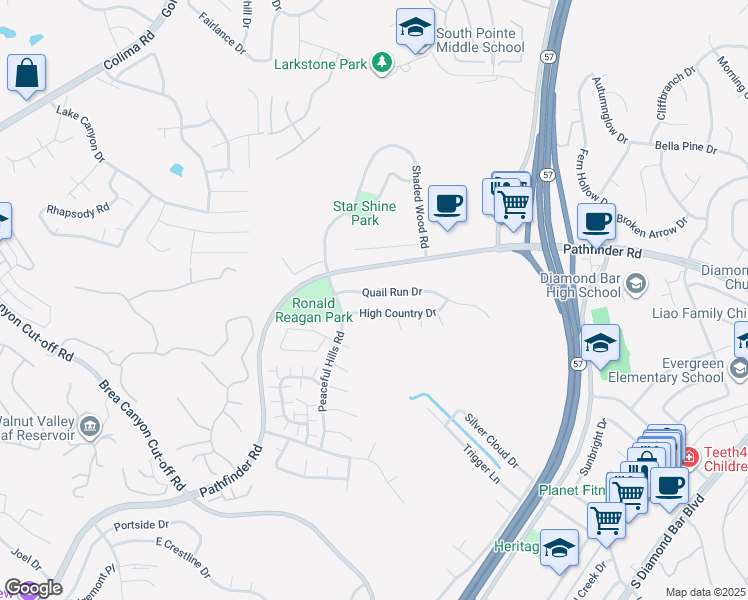 map of restaurants, bars, coffee shops, grocery stores, and more near 20848 Quail Run Drive in Walnut