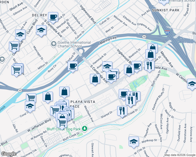 map of restaurants, bars, coffee shops, grocery stores, and more near 12413 Beatrice Street in Los Angeles