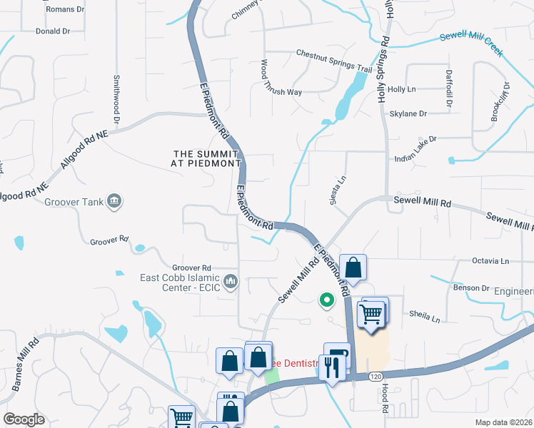 map of restaurants, bars, coffee shops, grocery stores, and more near 1278 East Piedmont Road in Marietta