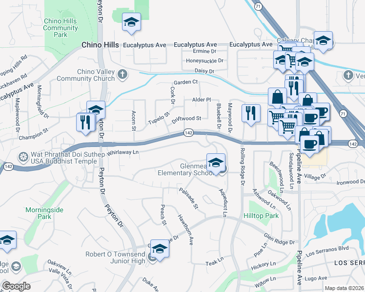 map of restaurants, bars, coffee shops, grocery stores, and more near 3625 Whirlaway Lane in Chino Hills