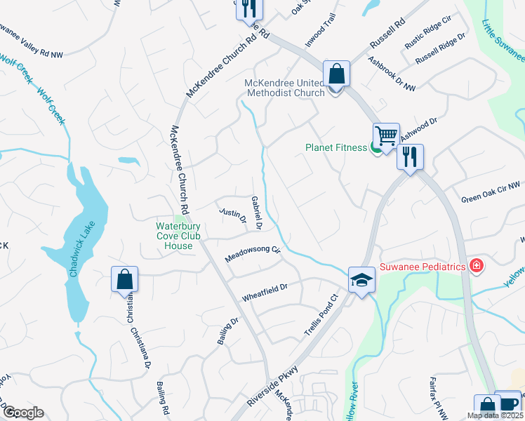 map of restaurants, bars, coffee shops, grocery stores, and more near 1445 Gabriel Drive in Lawrenceville