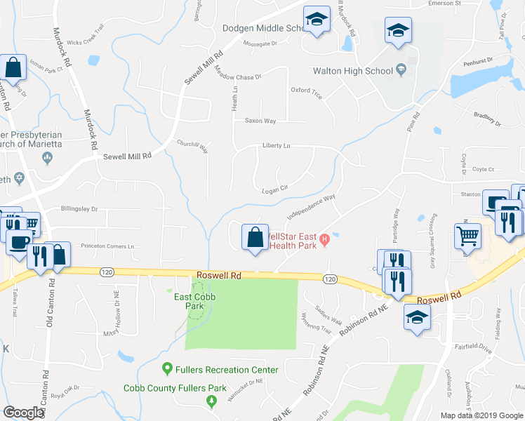 map of restaurants, bars, coffee shops, grocery stores, and more near 1308 Bucks Ford Place in Marietta