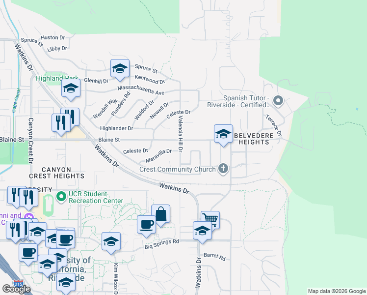map of restaurants, bars, coffee shops, grocery stores, and more near 3336 Valencia Hill Drive in Riverside