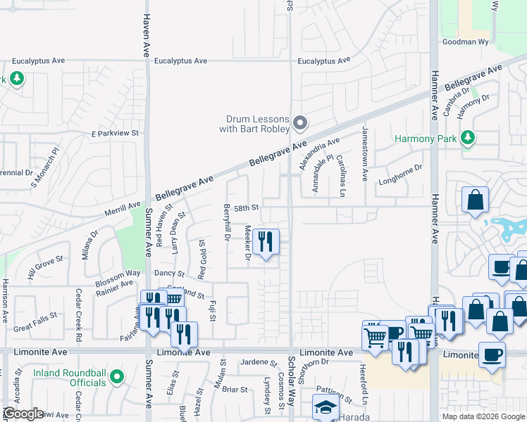map of restaurants, bars, coffee shops, grocery stores, and more near 13086 58th Street in Eastvale