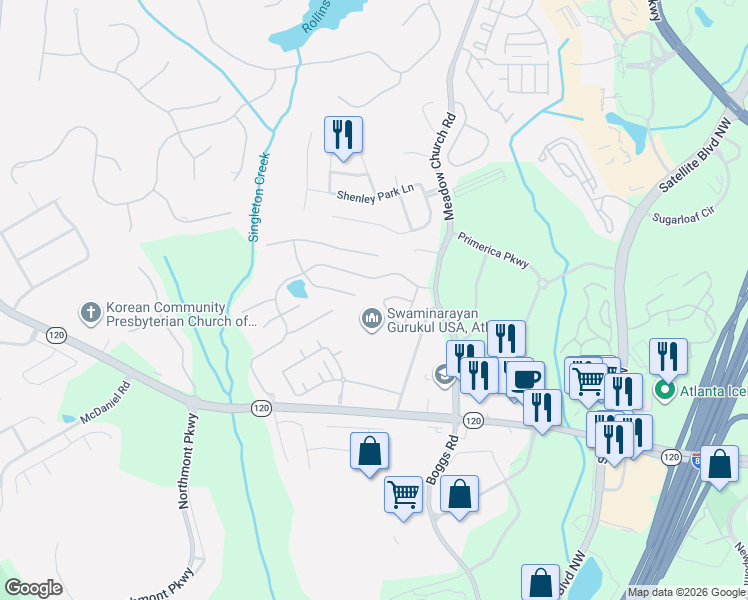 map of restaurants, bars, coffee shops, grocery stores, and more near 2239 Larkspur Run Drive in Duluth