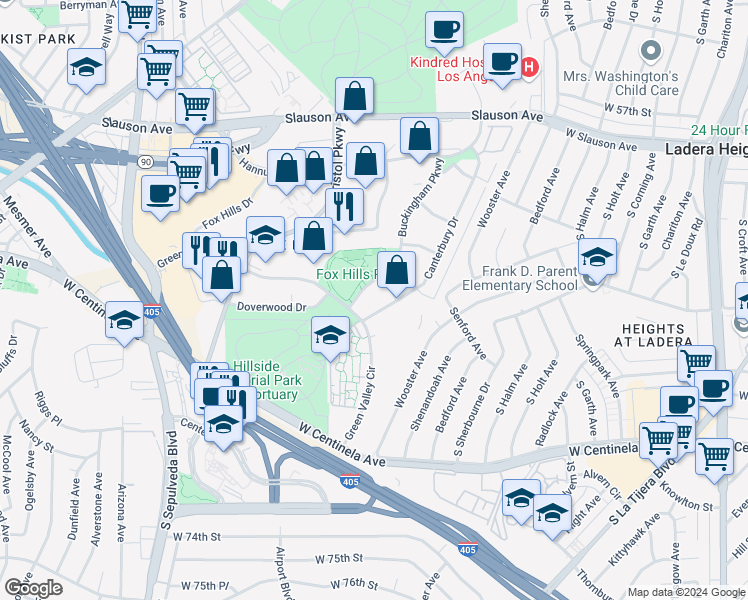 map of restaurants, bars, coffee shops, grocery stores, and more near 6250 Buckingham Parkway in Culver City