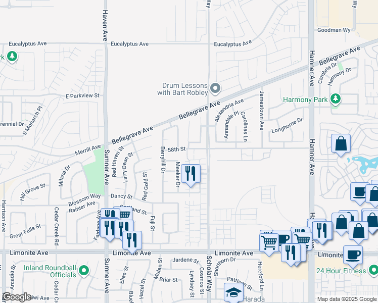 map of restaurants, bars, coffee shops, grocery stores, and more near 13086 58th Street in Eastvale
