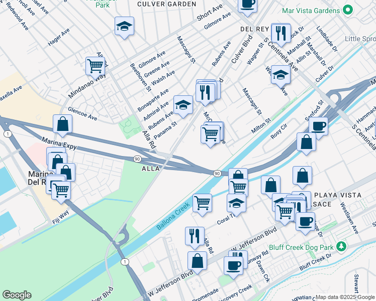 map of restaurants, bars, coffee shops, grocery stores, and more near 12910 Culver Boulevard in Los Angeles