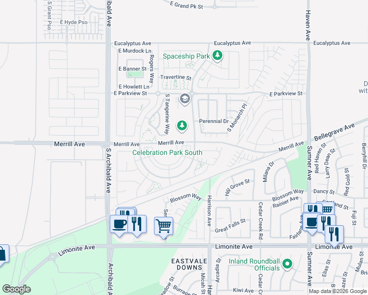 map of restaurants, bars, coffee shops, grocery stores, and more near 5006 South Centennial Circle in Ontario